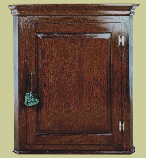 Oak hanging corner cupboard, with fielded panel door.