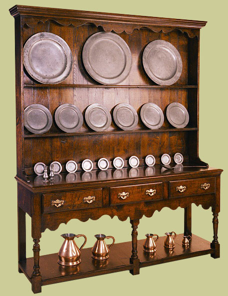 High potboard dresser, handmade in England from solid oak, with 3 drawers and shaped friezes.