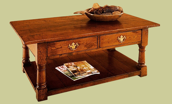 Bespoke oak pot board coffee table with 2 drawers.