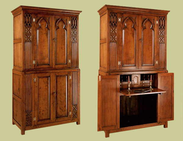 Gothic style bespoke oak home entertainment centre.