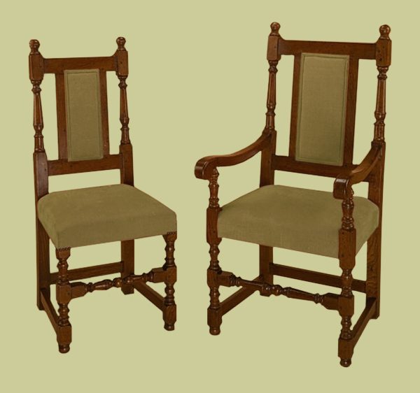 Period style oak backstools and carvers, with upholstered stuff-over seats and back panels.