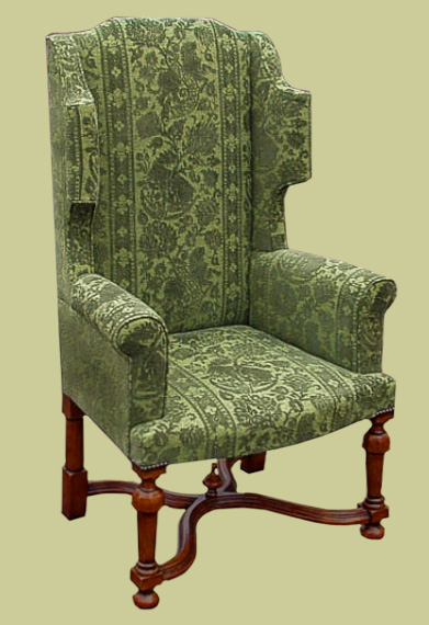 William and Mary period style upholstered wing chair, with 