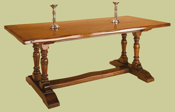 Twin pedestal dining table, hand crafted from solid English oak with paired rising baluster supports.