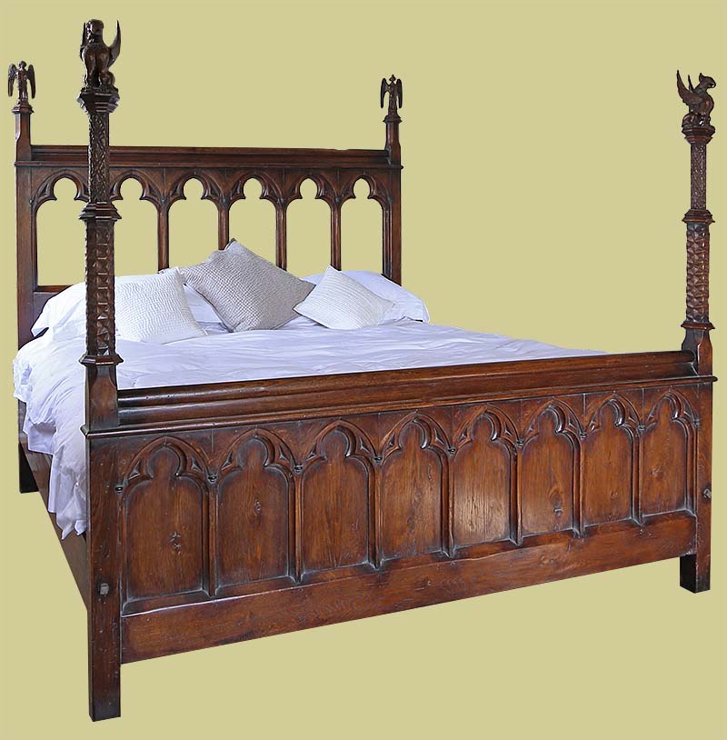 Unique Late Gothic Style Oak Carved Bed, King Size Gothic Bed Frame