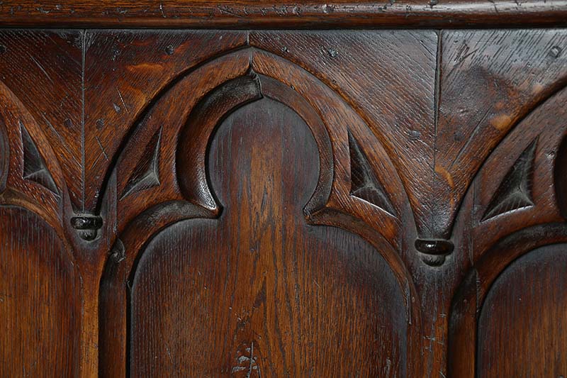 Oak tracery carved oak bed footboard