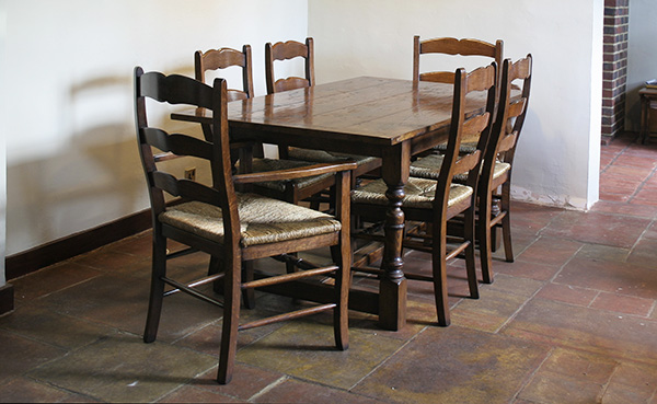 Small oak refectory table with French country side chairs