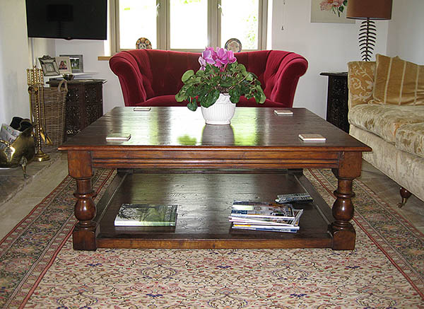 Large potboard coffee table in solid oak in clients sitting room
