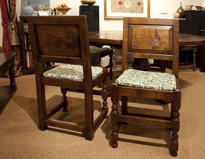Oak panelled side chair set, front and rear views