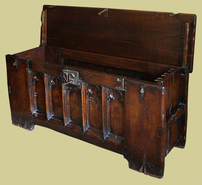 14th century style clamped front chest with lid open