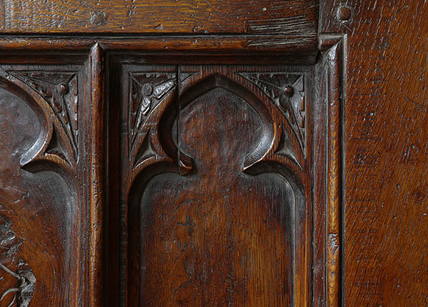 Oak clamped front chest carved tracery detail