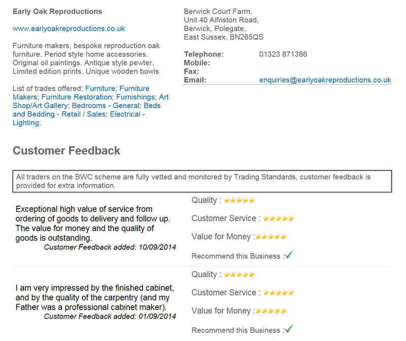 Buy With Confidence screenshot of latest client feedback on Early Oak Reproductions period style oak furniture