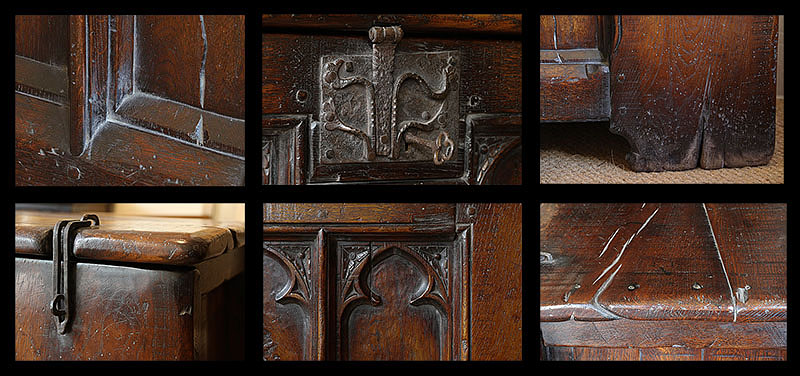 15th century style oak chest detail photos
