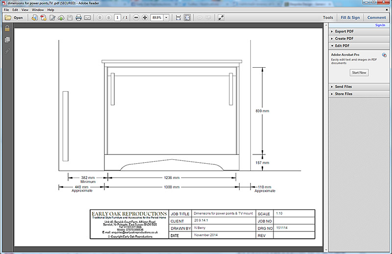 Dimensions for TV power points and wall bracket