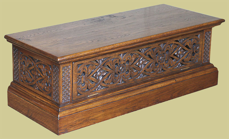 Oak TV stand with Elizabethan style strapwork carving