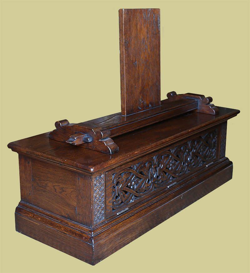 Oak TV stand with Elizabethan style pierced strapwork carving to front