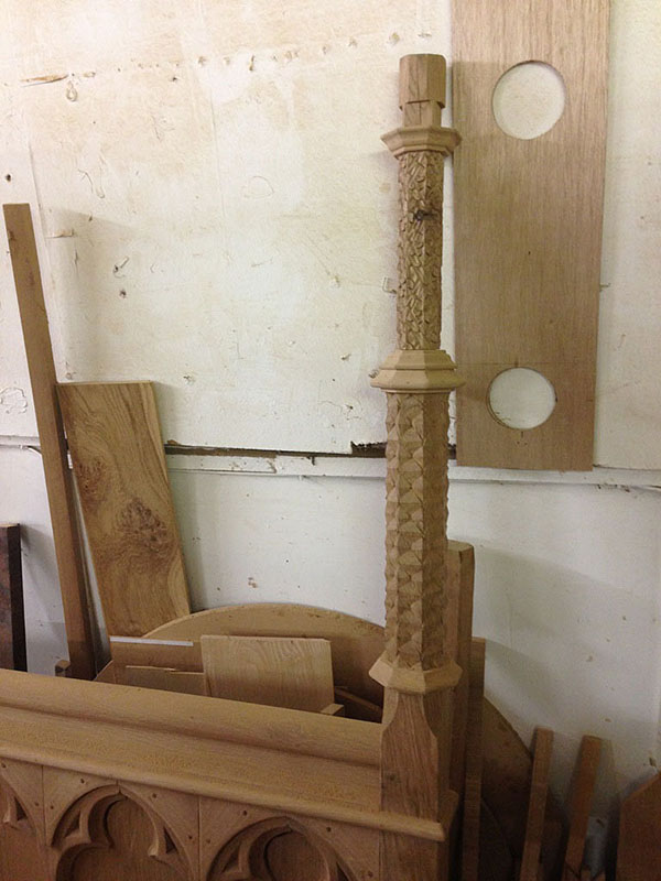 Oak carved foot board posts in the making