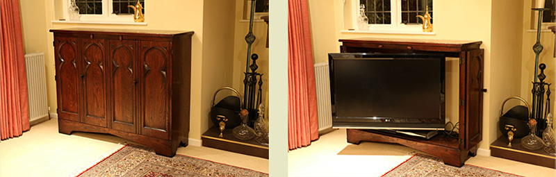 Bespoke oak TV cabinet with Medieval tracery style doors