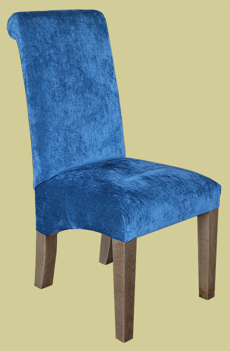 Modern style upholstered side chair, handmade to a more robust construction, to compliment our substantial period style oak dining tables