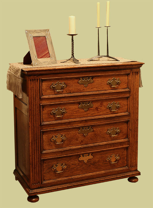Period 18th century style, 4-drawer fluted stile, oak chest of drawers.