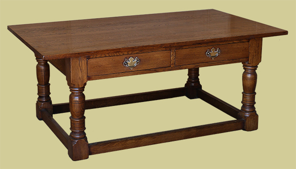 Superb value rectangular period style oak 2-drawer coffee table, without potboard.
