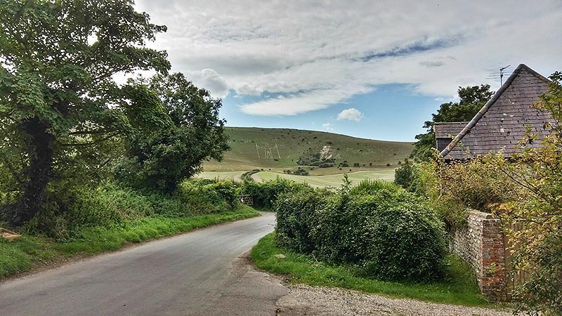 The Long Man of Wilmington, Sussex, viewed from the outskirts of its namesake village