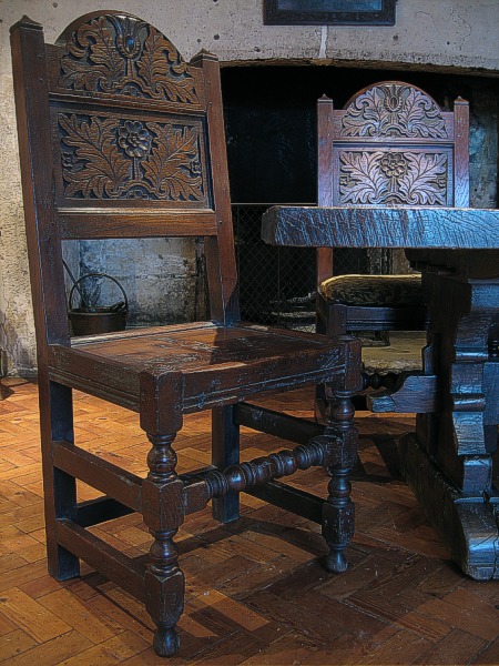 Lancashire carved oak dining chair, photographed in our clients Gloucestershire manor house.