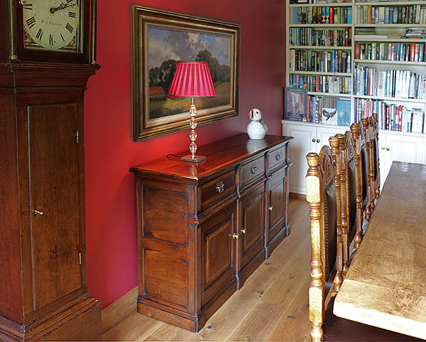 Bespoke Montgomeryshire dresser base, pictured in the dining room of our clients Sussex home.