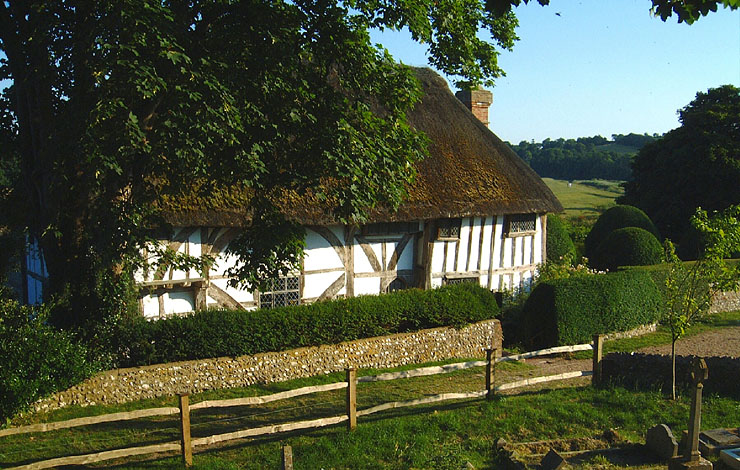 Looking down on Alfriston Clergy House, from the churchyard of St Peters