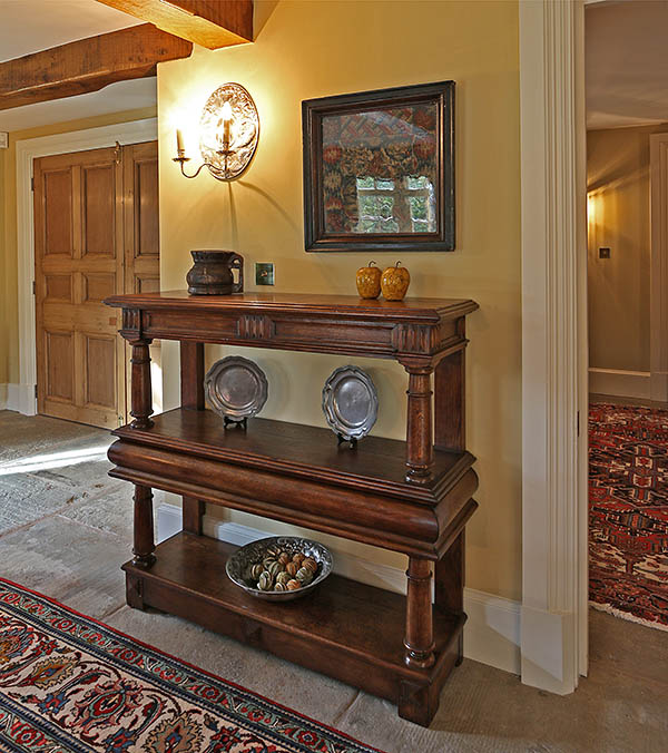 James 1st period style oak court cup-board, or buffet, in the dining room of our clients Warwickshire country home.