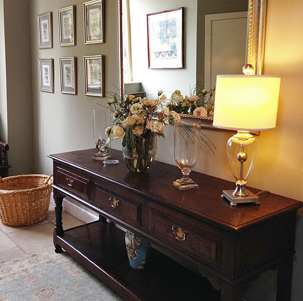 Period style oak potboard dresser base, with bespoke detailing, in our clients Worcestershire home.