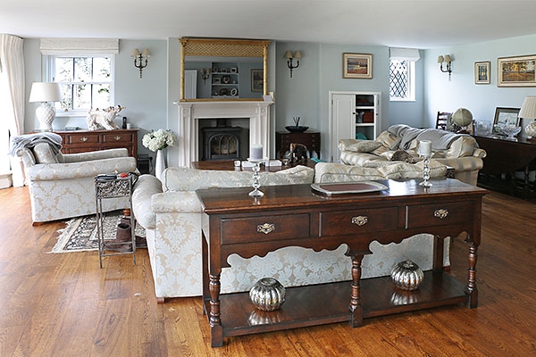 Oak potboard dresser base in sitting room of Sussex farmhouse