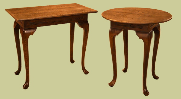 18th and early 19th century oak cabriole leg side tables, rectangular or round top.