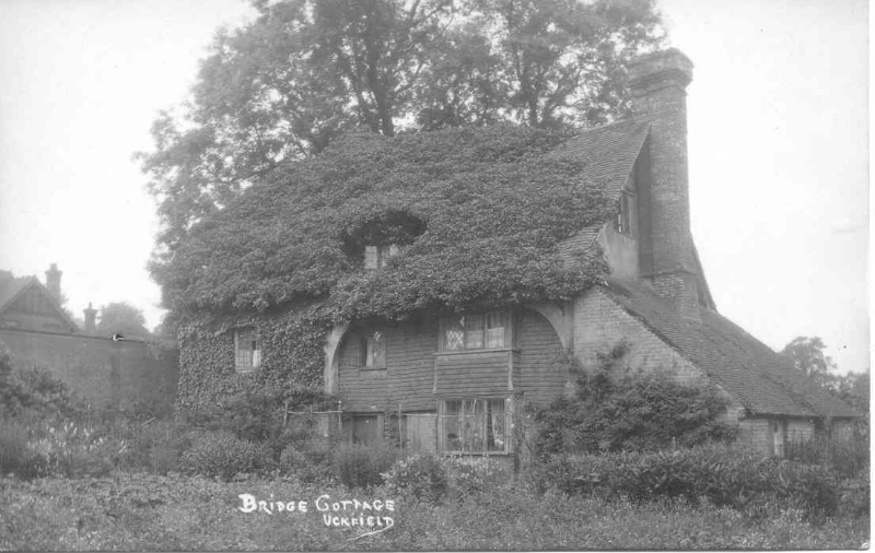 An old photo of Bridge Cottage, showing the collapsed end bay replaced with a single storey lean-to