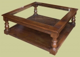 Period style large square oak coffee table with glass top
