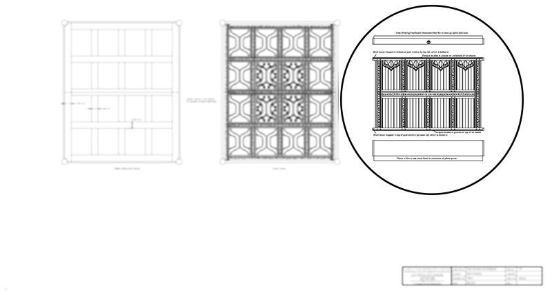 Working drawings of oak four poster bed headboard components