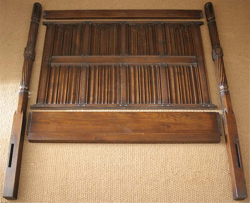 Hand carved oak four poster bed headboard assembly