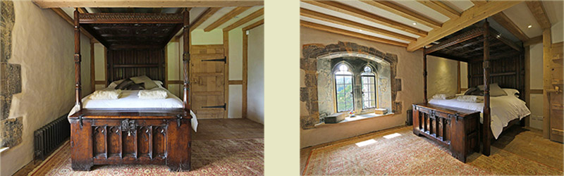 Four poster bed and oak chest in 13th century Sussex manor house