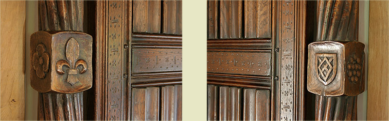 Tudor style oak four poster bed  headboard post carvings