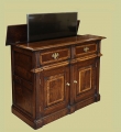 Montgomeryshire period style oak dresser base TV cabinet shown half open.