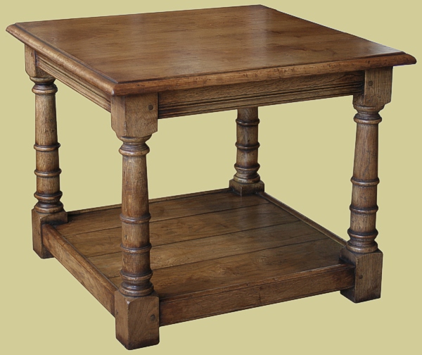 Oak square potboard lamp table with doric column turned legs.