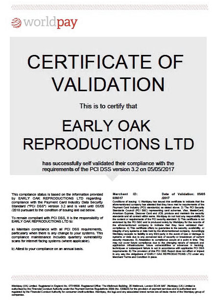 Early Oak Reproductions certificate of compliance with PCI DSS for online payments