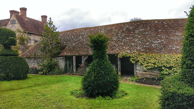 The redundant cow shed, or hovel, in the Topiary Garden of Great Dixter