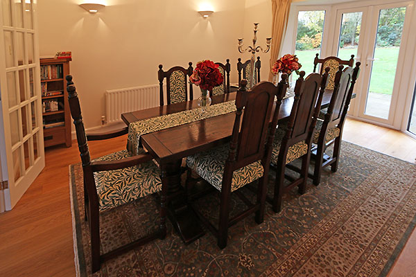 Period style oak dining table, upholstered chairs & runner in Kent new build