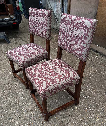 Period style oak chairs back from upholsterer